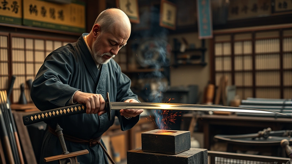 Traditional Japanese sword craftsmanship workshop showing blade forging techniques, skilled craftsman working with metal, authentic martial arts setting, warm workshop lighting, detailed metalwork visible