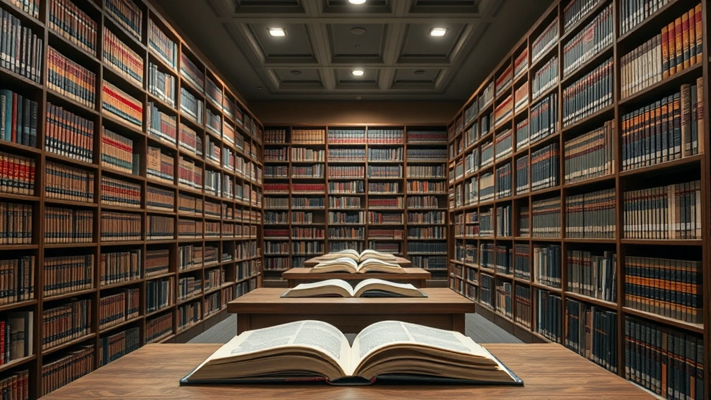 Law library interior with tall shelves of legal volumes, reading tables with open law books, professional office environment, soft overhead lighting, scholarly atmosphere, no visible text on book spines