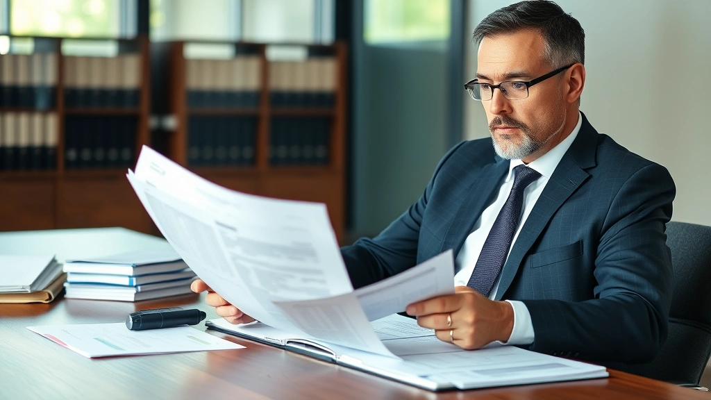 Professional male attorney in business suit reviewing financial documents at wooden desk in modern law office, serious expression, natural lighting from windows, no text visible on papers