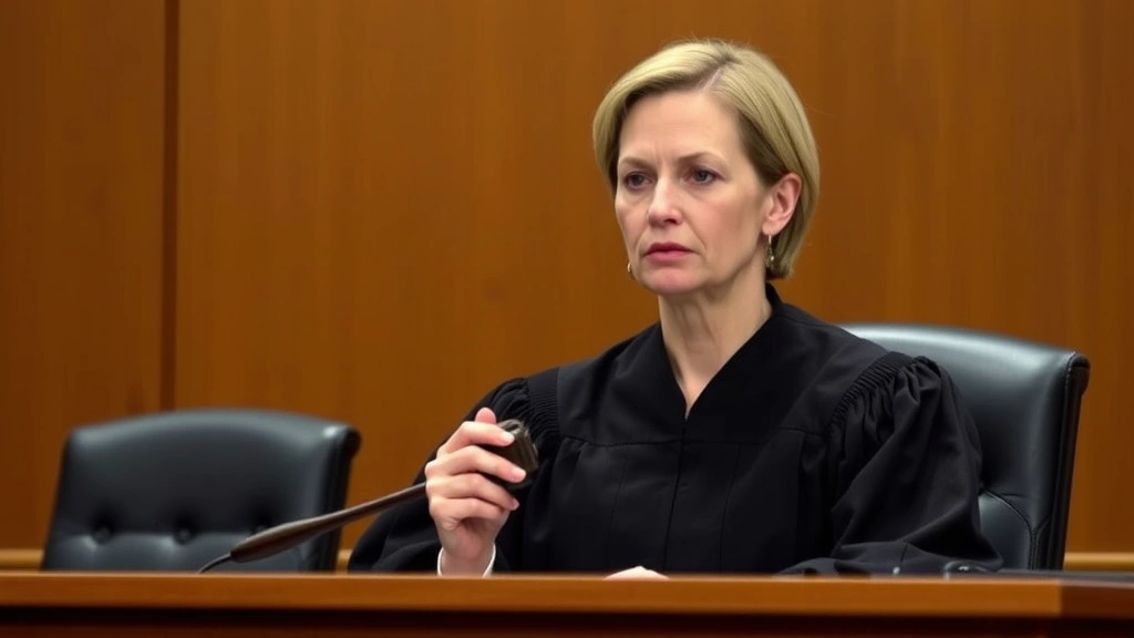 Female judge in black robes at bench with gavel, serious demeanor, professional courtroom setting with wood paneling, neutral background, focused expression