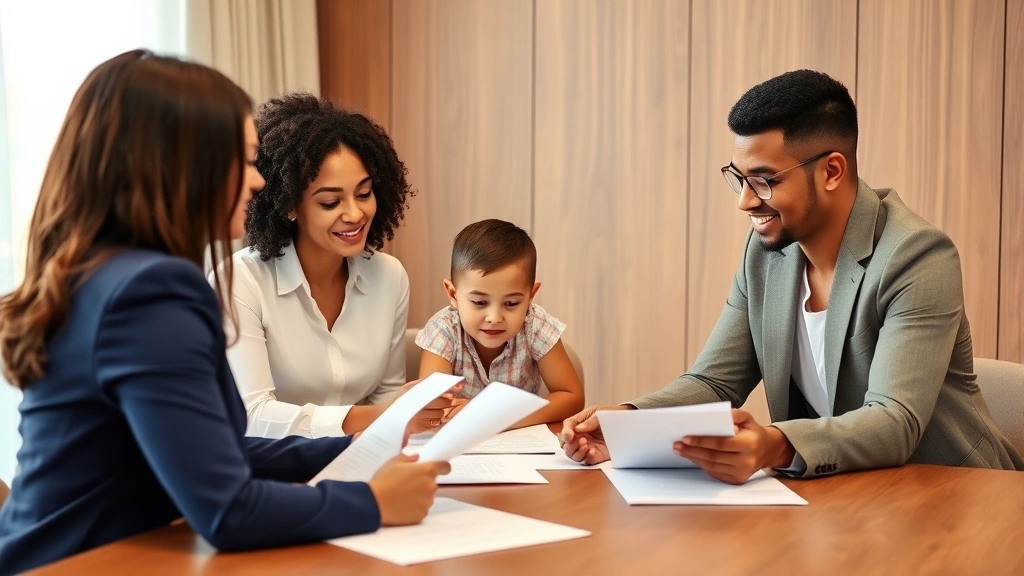 Diverse family of parents and child meeting with female attorney at conference table, reviewing documents, warm professional environment, collaborative discussion setting