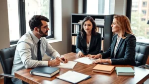 Professional family law attorney consulting with clients in modern office setting, reviewing documents at wooden desk with legal files, natural lighting from windows, serious professional demeanor