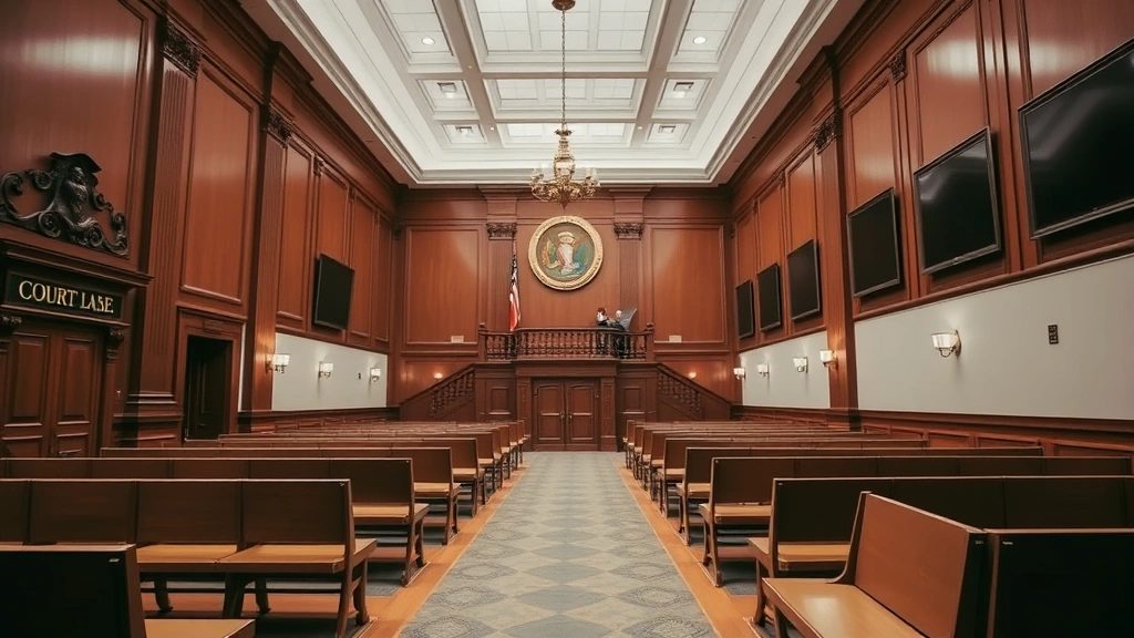 Courthouse interior hallway with professional legal atmosphere, empty wooden benches, formal architecture, representing judicial system and child support enforcement procedures