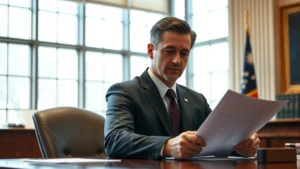 Professional male government official in formal dark suit reviewing official documents at wooden desk in federal building office, neutral expression, morning natural light from windows, high-resolution photorealistic