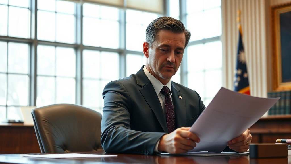 Professional male government official in formal dark suit reviewing official documents at wooden desk in federal building office, neutral expression, morning natural light from windows, high-resolution photorealistic