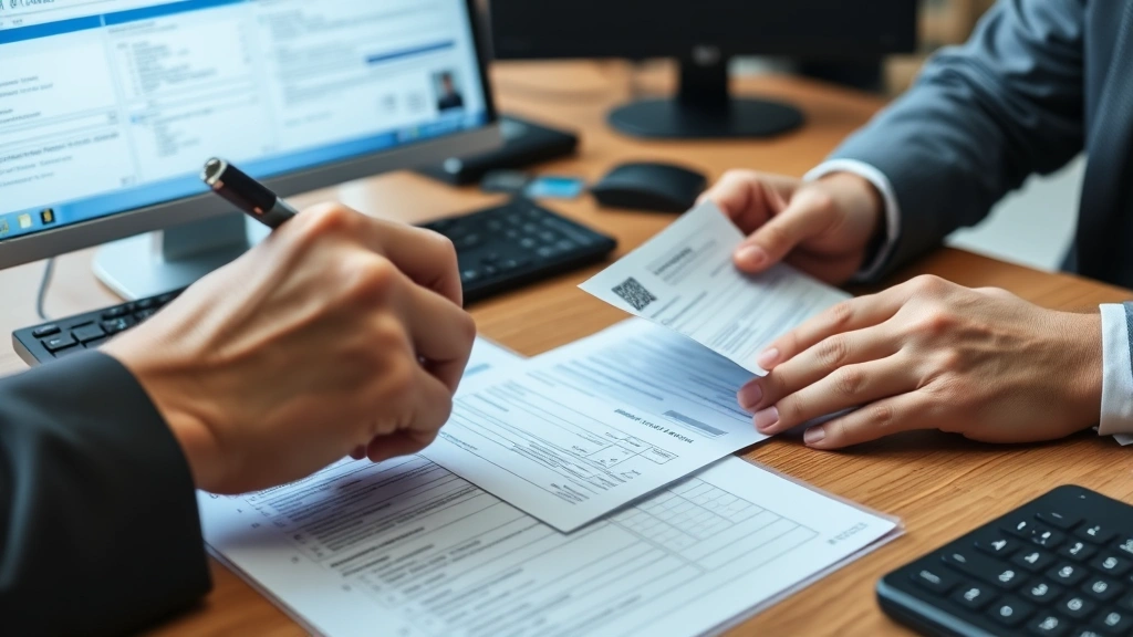 Close-up of hands reviewing official identification documents and forms on desk with computer keyboard visible, professional administrative setting, neutral background, emphasizing document verification process