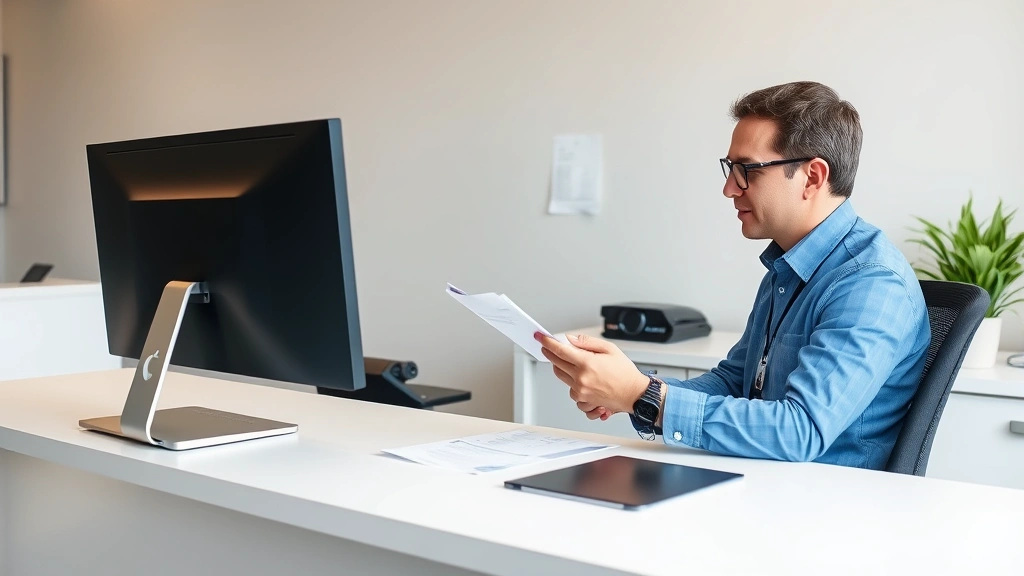 Professional administrative office setting with DMV employee reviewing driver's license documentation at modern desk with computer, neutral background, professional attire, daytime lighting