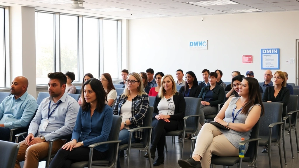 Diverse group of people in DMV waiting area sitting in modern chairs, calm professional environment, natural lighting through windows, showing various ages and backgrounds
