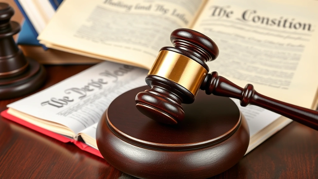 Professional photograph of a judge's gavel on a desk with law books and the Constitution document visible in background, representing judicial authority and constitutional law