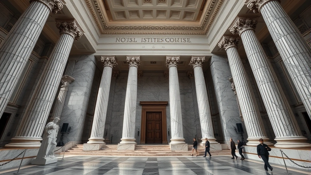 Wide-angle shot of the interior of a courthouse with marble columns and formal architecture, symbolizing the American legal system and judicial review of emergency powers