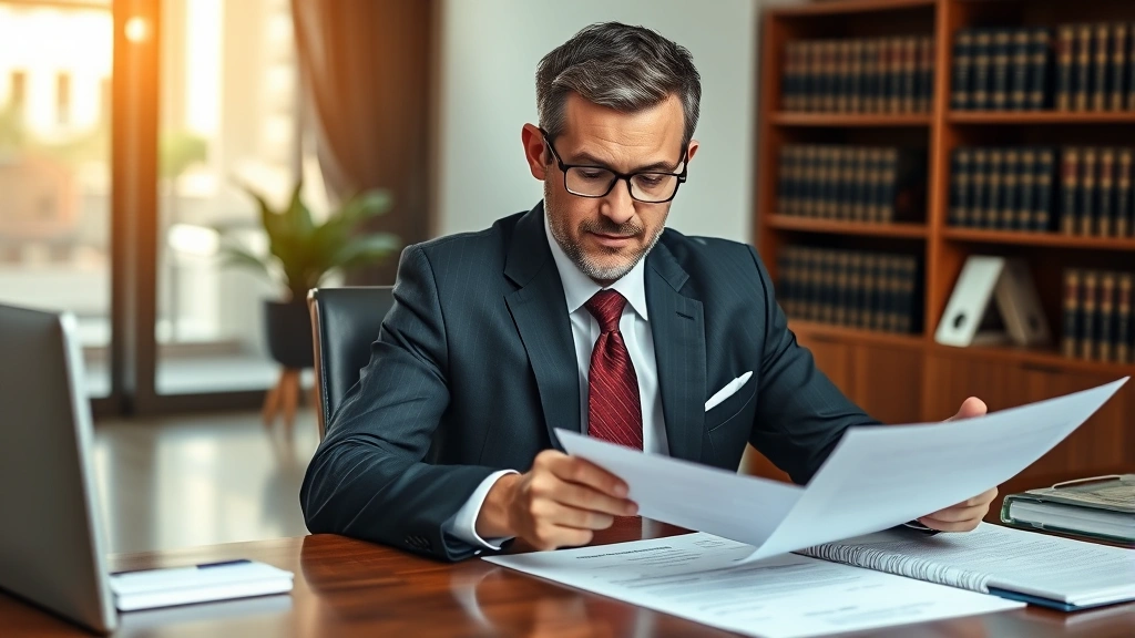 Professional male lawyer in business suit reviewing family law documents at wooden desk in modern law office, focused expression, warm lighting, no visible text on documents