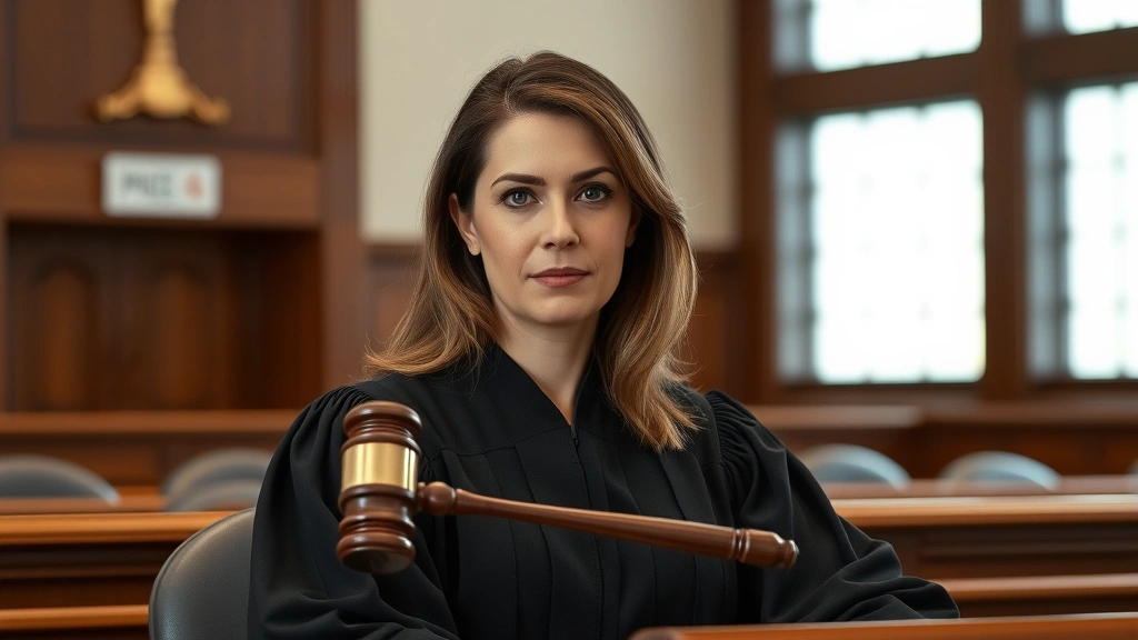 Female judge in black robes at bench with gavel, serious professional demeanor, courthouse interior background, natural lighting, no courtroom signage visible