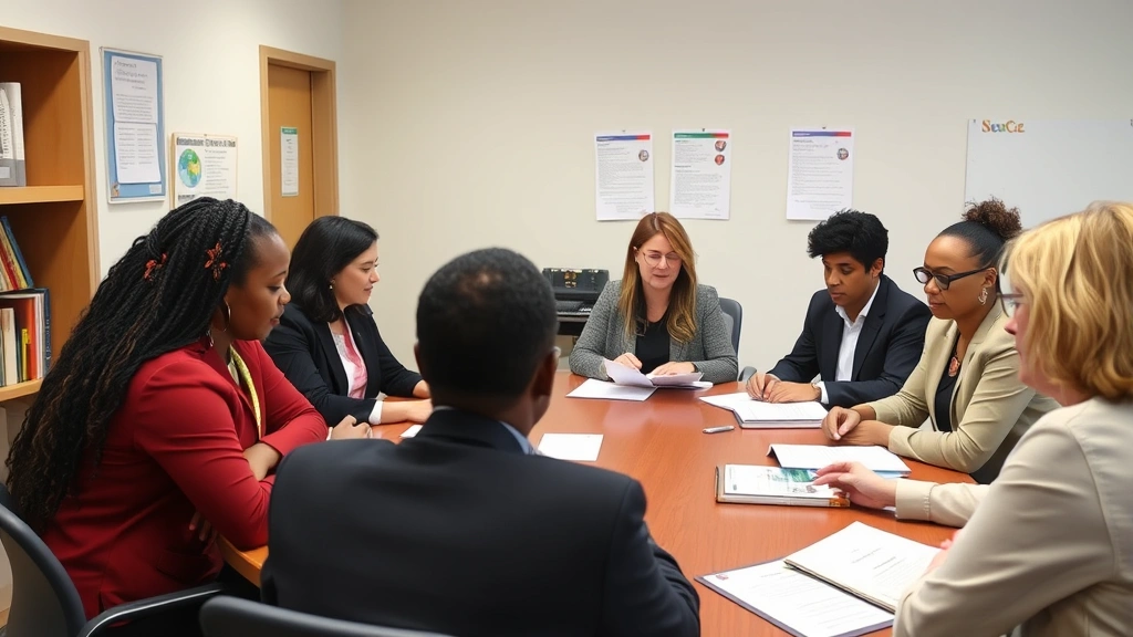 Diverse group of educators in professional attire collaborating around conference table reviewing curriculum materials and policy documents in school administrative office