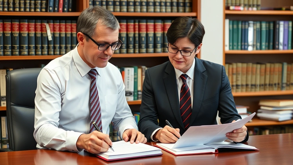 School principal and legal consultant reviewing educational policy documents together in professional office environment with bookshelves containing education law references