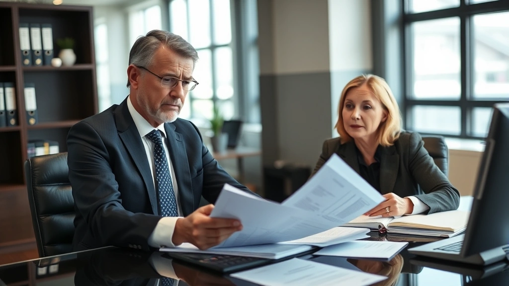 Professional bankruptcy attorney in modern law office reviewing financial documents with client, serious expression, desk with folders and calculator, natural window lighting, authoritative yet compassionate demeanor