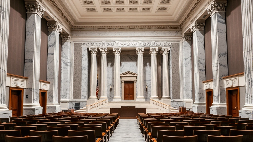 Federal courthouse interior with classical architecture, marble columns, empty courtroom seating, formal legal environment, professional photography emphasizing dignity and justice system
