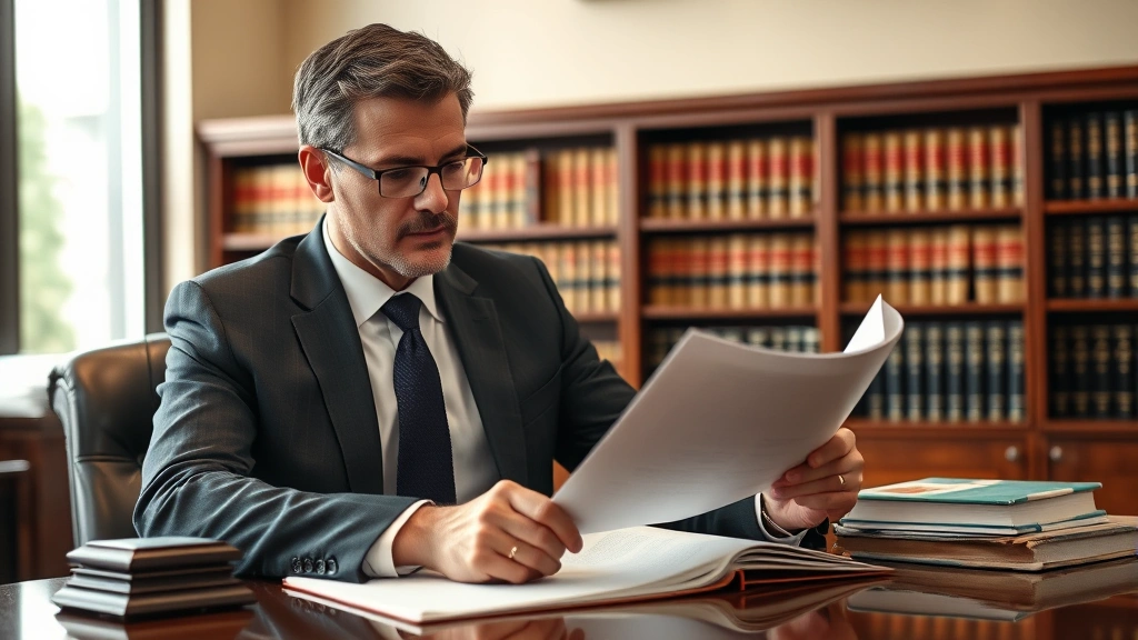 Professional lawyer in business suit reviewing legal documents at mahogany desk with law books in background, focused expression, natural office lighting, photorealistic