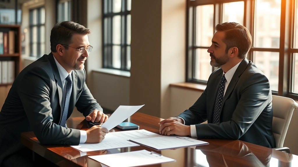 Licensed attorney in formal business attire consulting with client across conference table, discussing contract papers, professional office setting with windows, warm lighting, photorealistic