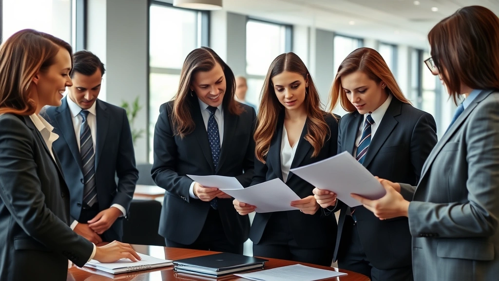Diverse group of legal professionals including attorneys and paralegals collaborating in modern law firm office, reviewing documents together, professional appearance, natural lighting, photorealistic