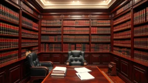 Professional legal office interior with mahogany bookshelves filled with law books, leather-bound volumes organized by color, wooden desk with legal documents, traditional courtroom aesthetic, warm professional lighting, no visible text or logos