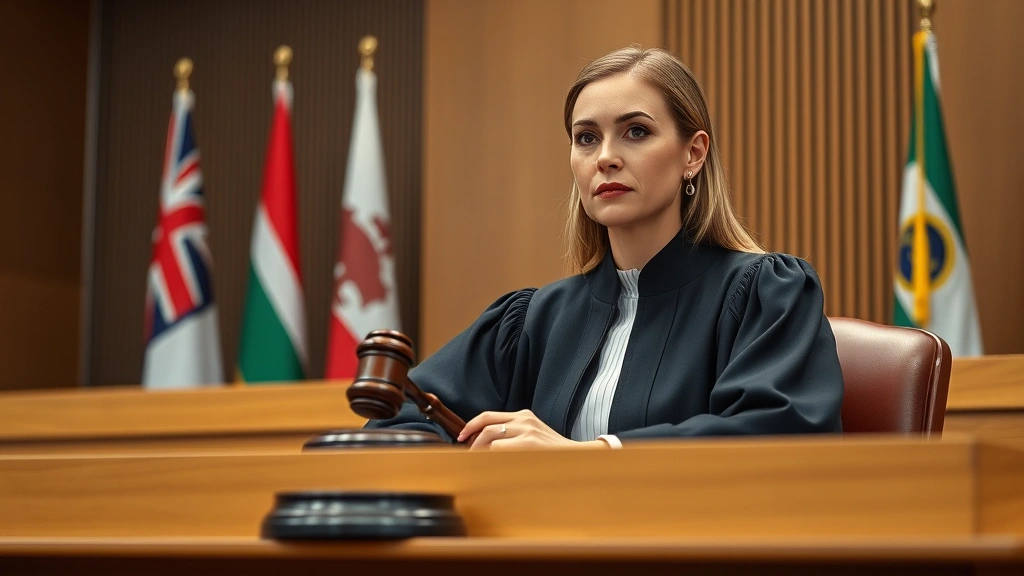 Professional female judge in formal robes sitting at bench with gavel, international flags visible in background, serious expression, modern courtroom setting, photorealistic
