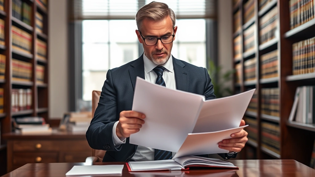 Professional lawyer in business suit reviewing thick legal documents in modern law office with wooden desk and law books on shelves, natural lighting, serious expression, photorealistic