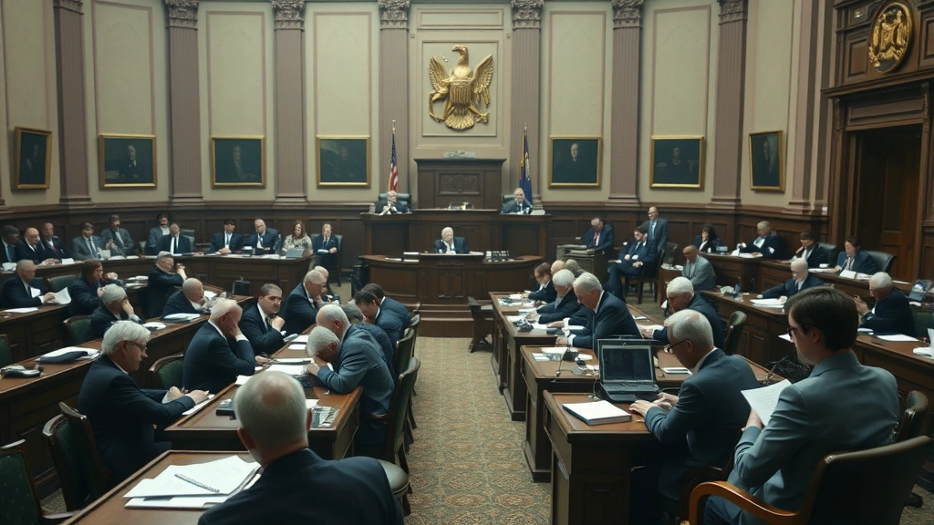 Diverse group of people in legislative chamber or courthouse, seated at desks reviewing papers and having discussions, formal professional setting, photorealistic