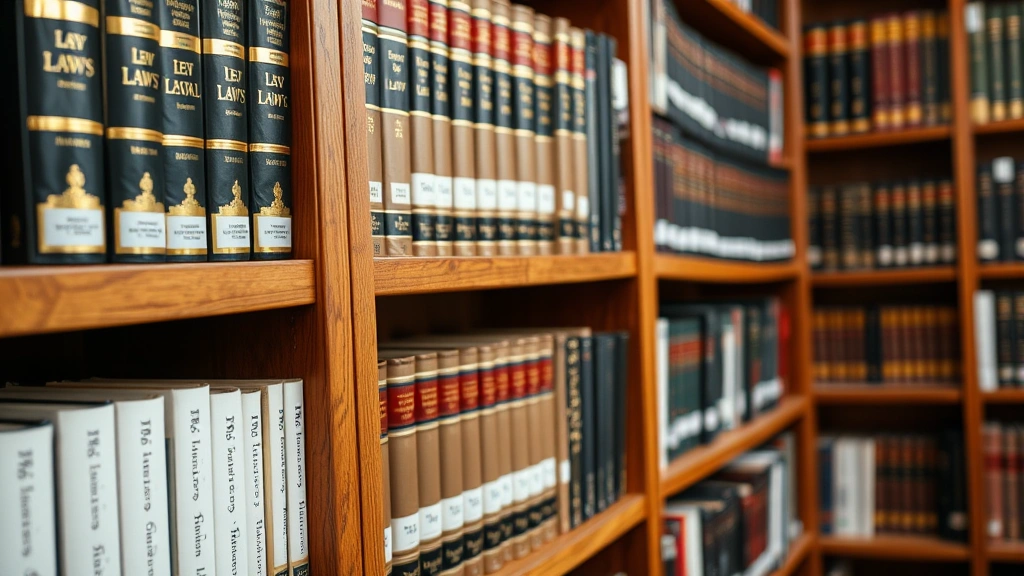 Close-up of law books and legal reference materials on wooden library shelves, professional legal research environment, organized and scholarly, photorealistic