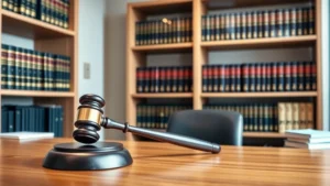 Professional legal office environment with law books on shelves and a judge's gavel on a wooden desk, modern courtroom aesthetic, natural lighting, focused and authoritative setting
