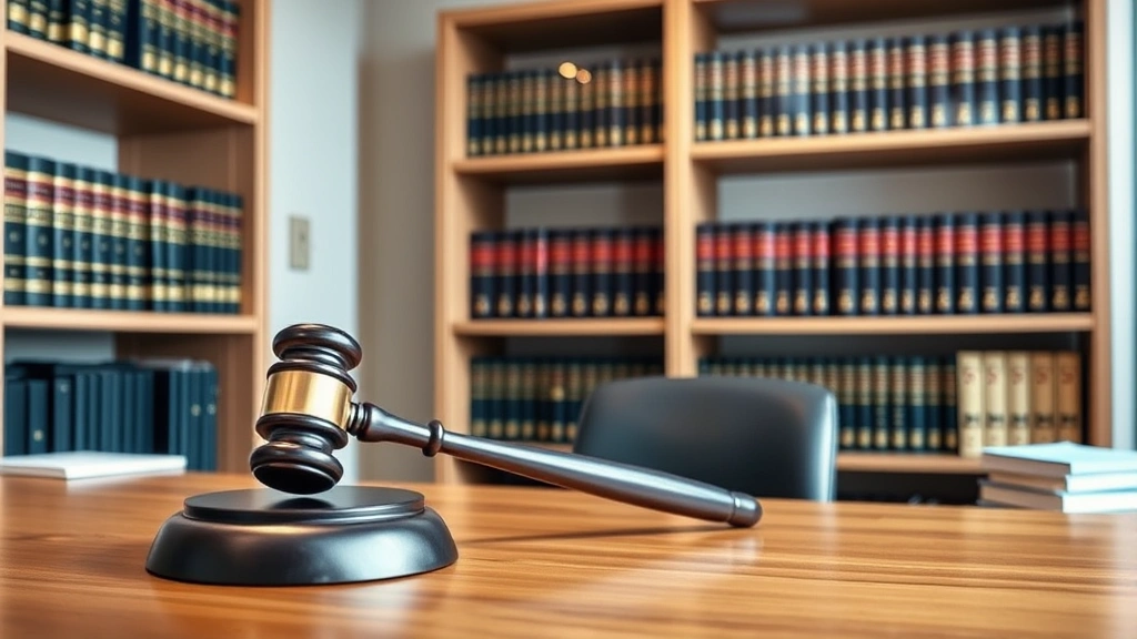 Professional legal office environment with law books on shelves and a judge's gavel on a wooden desk, modern courtroom aesthetic, natural lighting, focused and authoritative setting