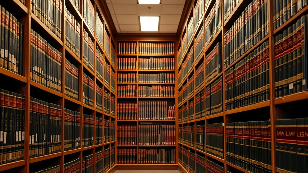 Law library interior with rows of legal reference books and thick law volumes on wooden shelves, professional legal research environment, warm lighting highlighting the extensive collection of statutes