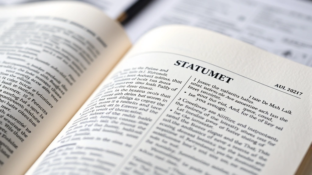 Close-up of a law book open to statute pages with detailed text visible but blurred, legal documentation setting, professional law office background, representing legislative codes and regulations