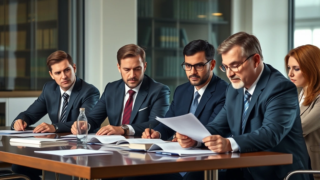 Diverse group of professional attorneys in business suits reviewing documents at conference table, serious focused expressions, modern law office setting, photorealistic