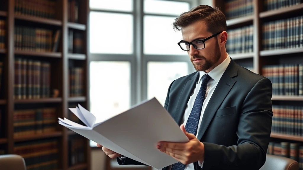 Professional lawyer in business suit reviewing thick legal documents in modern law office with law books on shelves, serious focused expression, natural lighting from windows, photorealistic detail