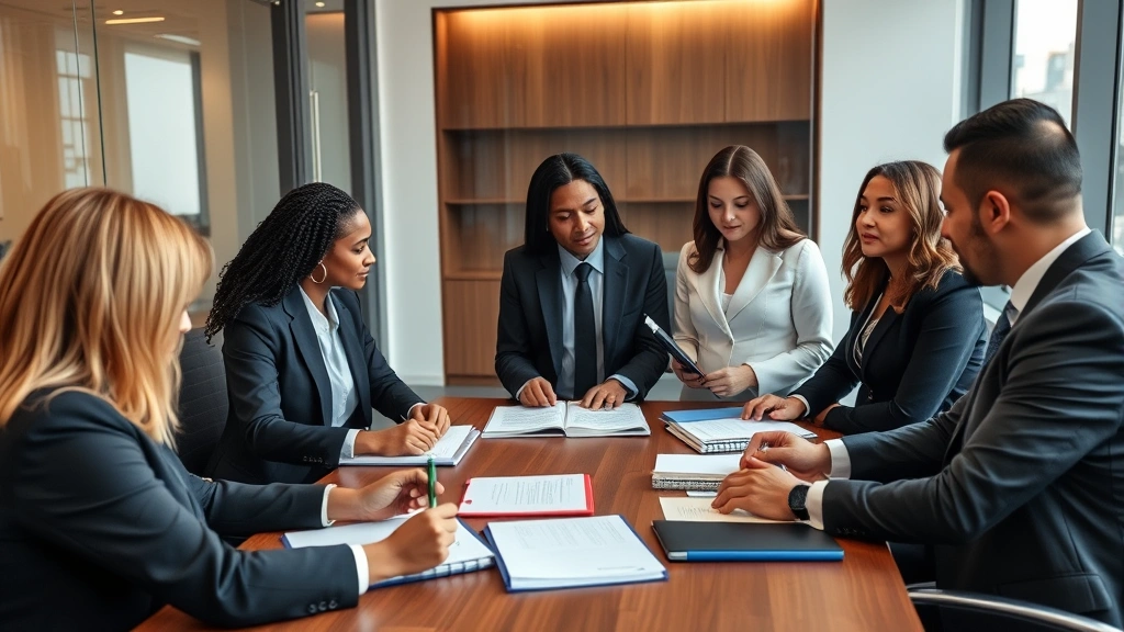 Diverse group of legal professionals in formal business attire collaborating around conference table with legal files and notebooks, discussing case details, modern office setting with professional atmosphere