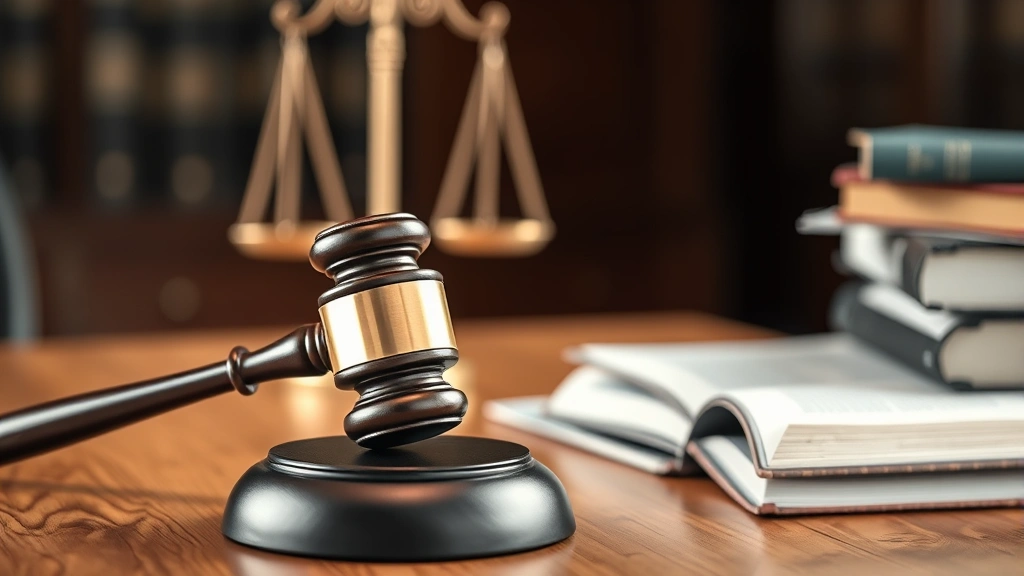 Close-up of judge's gavel on wooden desk with law books stacked nearby, legal scales of justice blurred in background, professional courtroom aesthetic, warm natural lighting