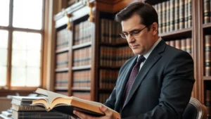 Professional lawyer in business suit reviewing thick statute books and legal documents in law library with wooden shelves and brass fixtures, serious concentrated expression, natural lighting from tall windows