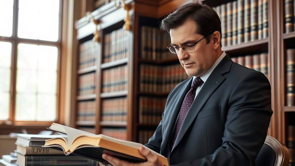 Professional lawyer in business suit reviewing thick statute books and legal documents in law library with wooden shelves and brass fixtures, serious concentrated expression, natural lighting from tall windows