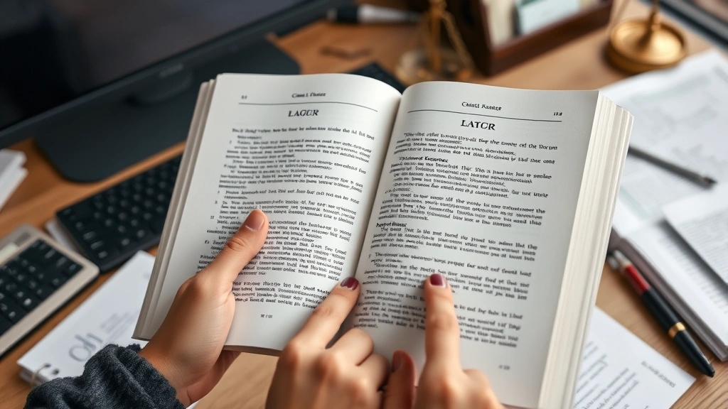 Close-up of hands holding open legal code books with highlighted passages and handwritten notes, law office desk with computer and legal reference materials visible, natural desk lighting