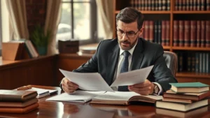 Professional attorney in business suit reviewing legal documents at wooden desk with law books, serious expression, natural office lighting, photorealistic
