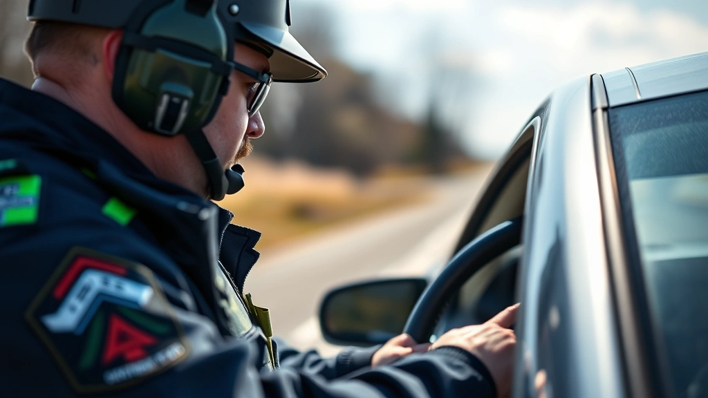 Close-up of law enforcement officer conducting roadside sobriety test with driver, professional interaction, daylight setting, realistic photography style