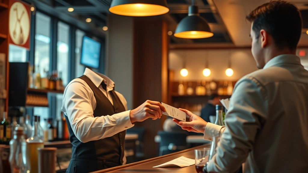 Interior of modern restaurant bar with professional bartender checking customer ID before service, professional environment, warm lighting, photorealistic