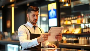 Professional bartender in white dress shirt carefully checking identification document at modern upscale bar counter with warm lighting, serious focused expression, no signage visible