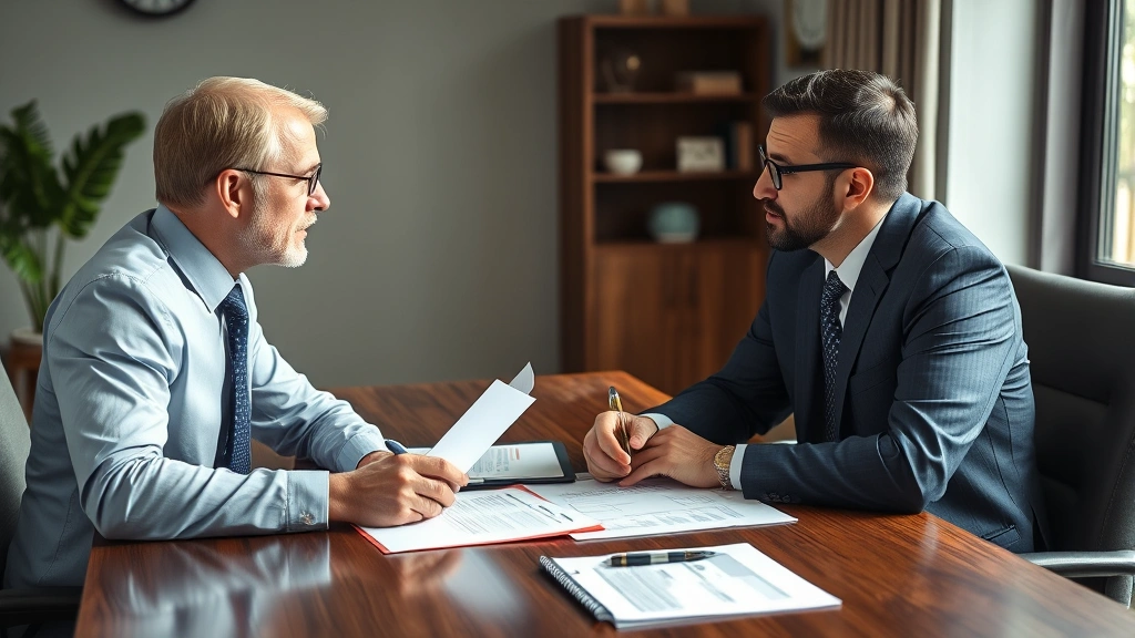 Professional legal consultation meeting between attorney and business owner at wooden desk with documents and pen, neutral office setting, natural lighting, serious professional atmosphere
