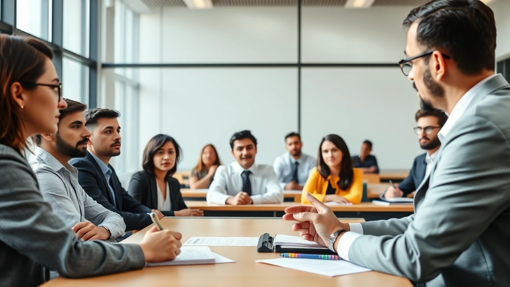Professional law school classroom with diverse students engaged in discussion with a professor at the front, natural lighting from large windows, modern legal education setting