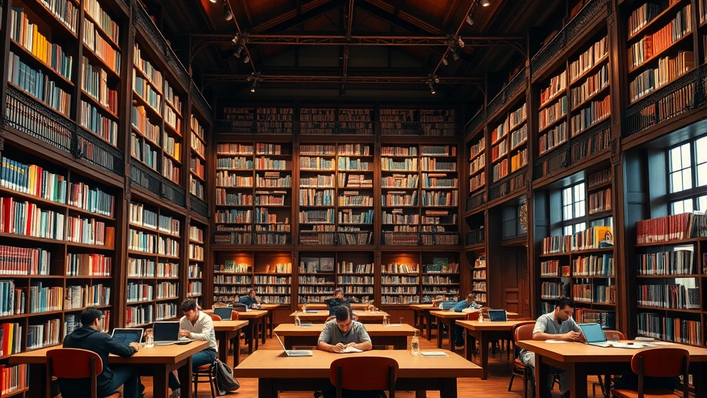 Law library interior with extensive shelves of legal books and research materials, students studying at wooden tables with laptops, warm professional atmosphere