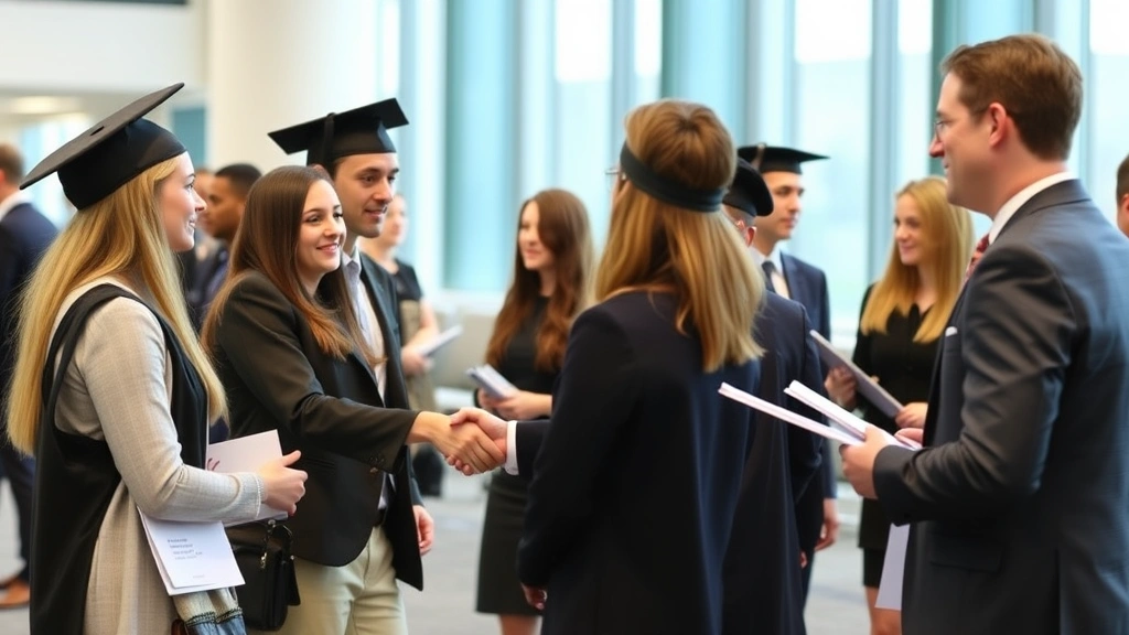 Graduate law students in professional attire networking at a career fair event, shaking hands with legal professionals and law firm representatives, modern conference space