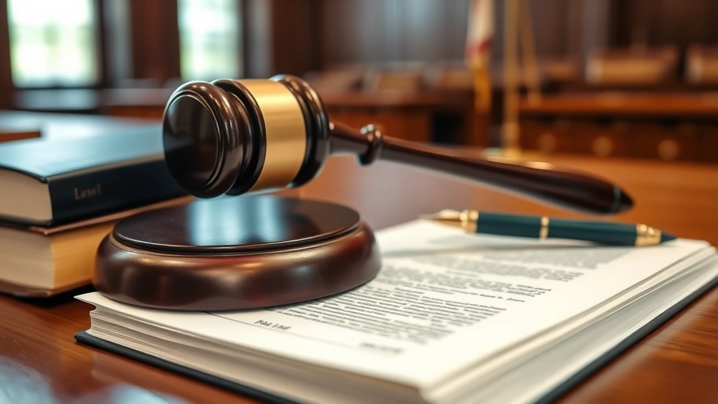 Close-up of judge's gavel on legal books and court documents, representing criminal justice and legal proceedings, professional courtroom setting, focused lighting