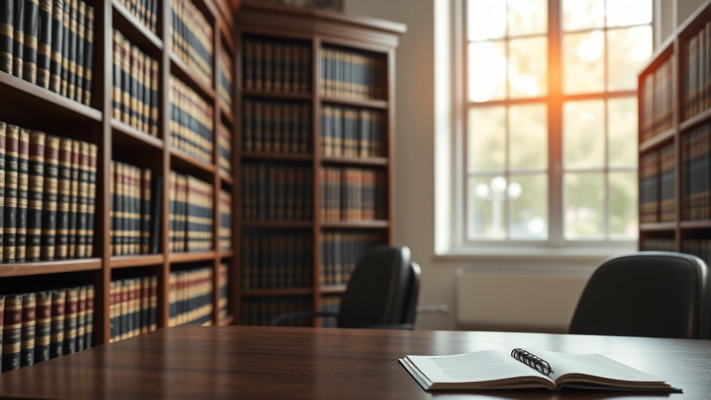 Professional law library with leather-bound legal books and wooden shelves, soft natural lighting, empty desk with legal pad