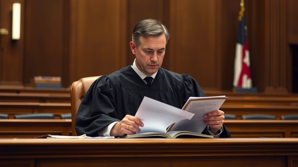 Serious male judge in black robe reviewing documents at wooden bench, formal courtroom setting, professional lighting